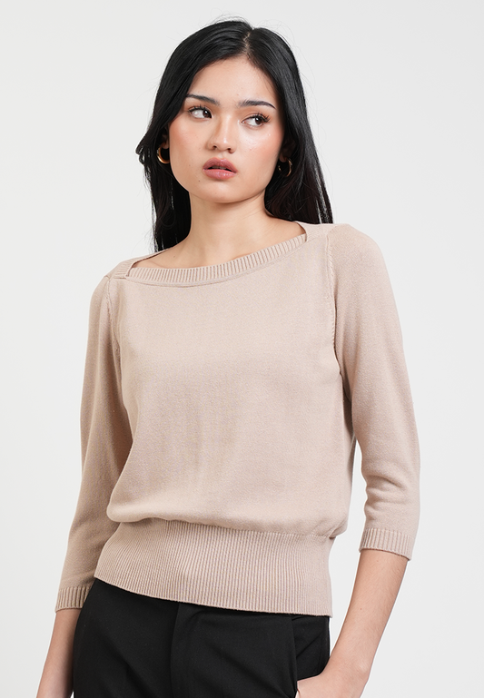 Cora Wide Boatneck 3/4 Sleeve Fine Knit Top
