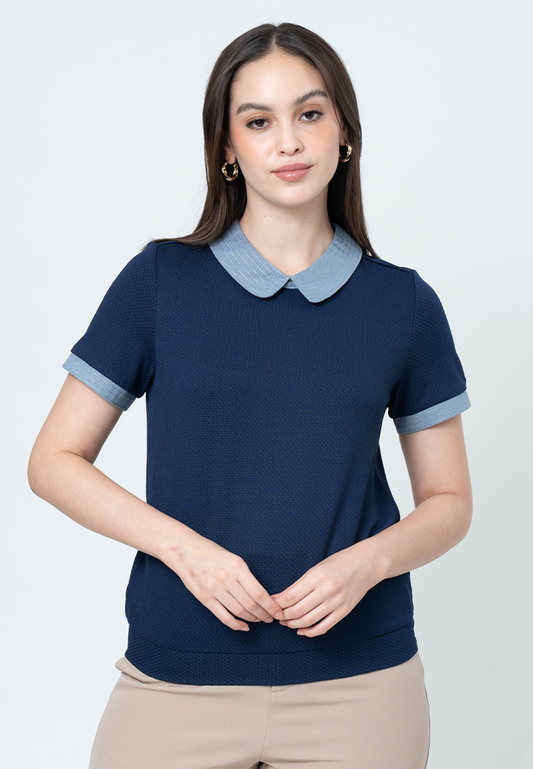 Kambria Knitted Top with Embroidered Collar and Contrast Sleeve Cuffs