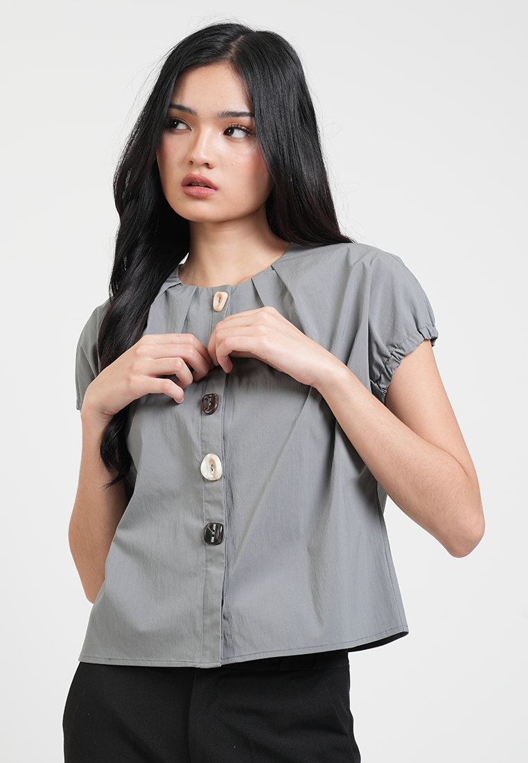 Nyra Pleated Neckline Multi-Tone Button Top