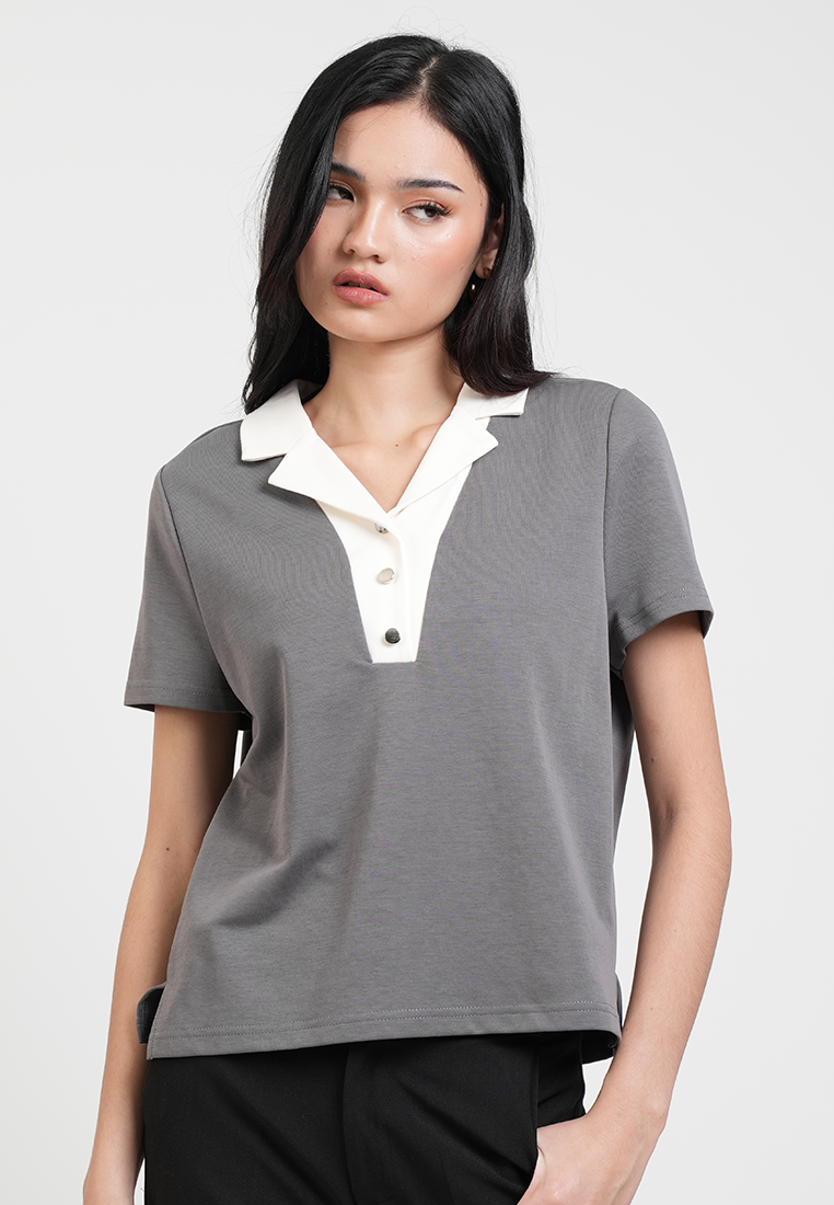 Vesper Button Placket Contrast-Collar Top