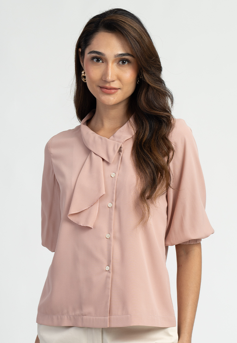 Vaela Contemporary Pussen Bow Short Sleeve Blouse