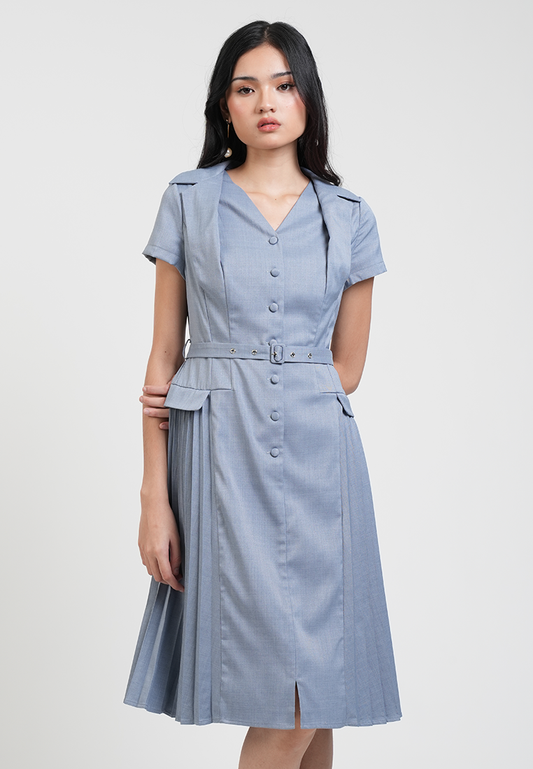 Claudette V-Neck Belted Pleated Hem Midi Dress