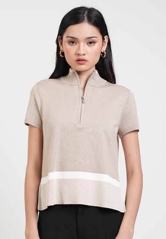 Catherine Colorblock Collared Zip Knit Top