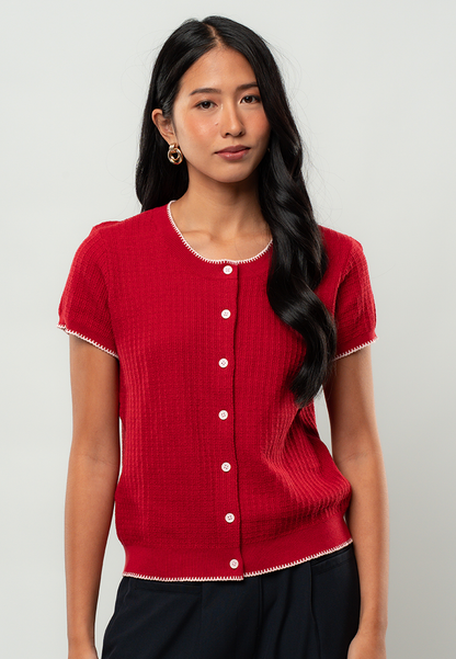 Elena Short-Sleeve Button-Front Knit Cardigan with Contrast Trim