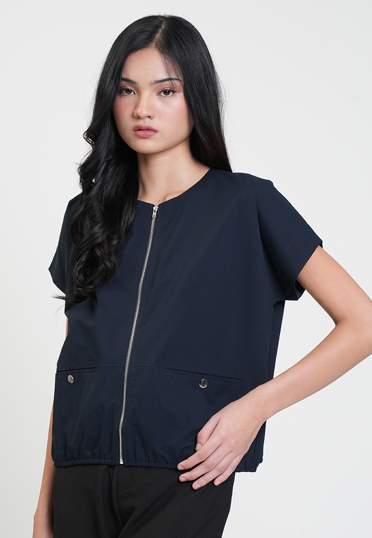 Aleah Cap Sleeve Zip-Up Pocket Detail Top