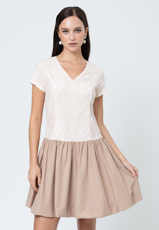 Tamsin Hatching Printed A-Line Dress with Contrast Plain Skirt