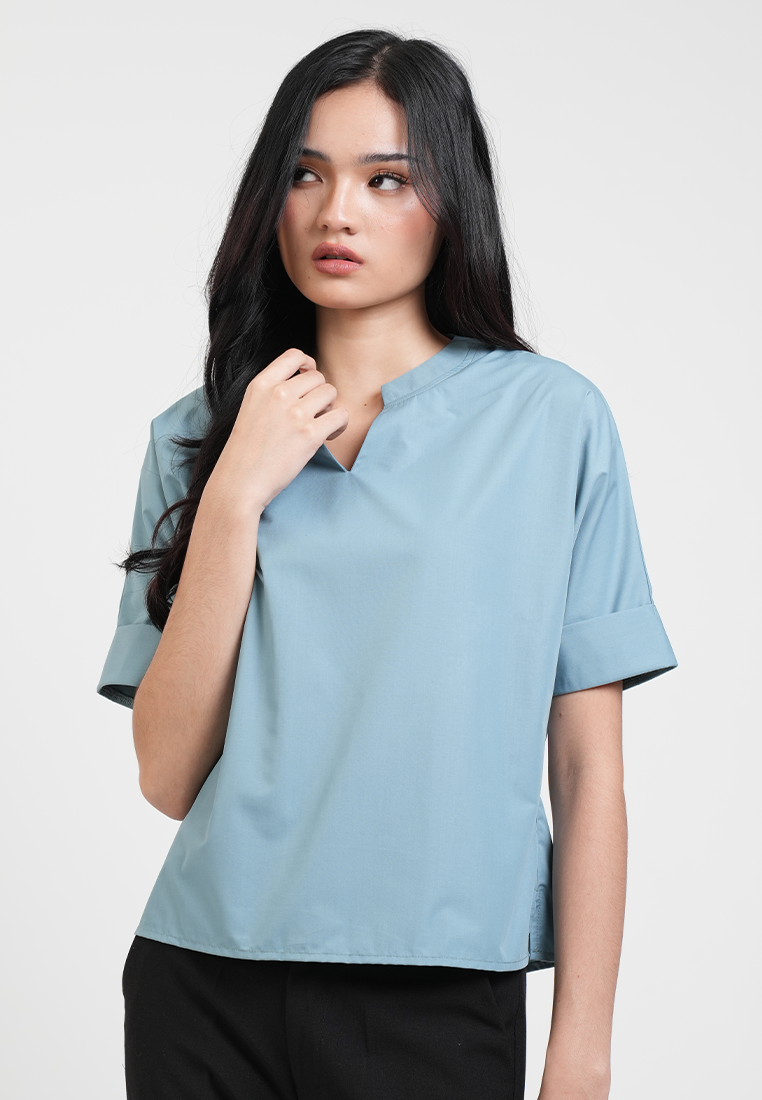 Aivee Notched Neckline Short Sleeve Blouse