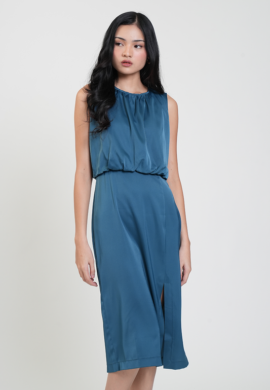 Linden Sleeveless Blouson Midi Dress with Slit