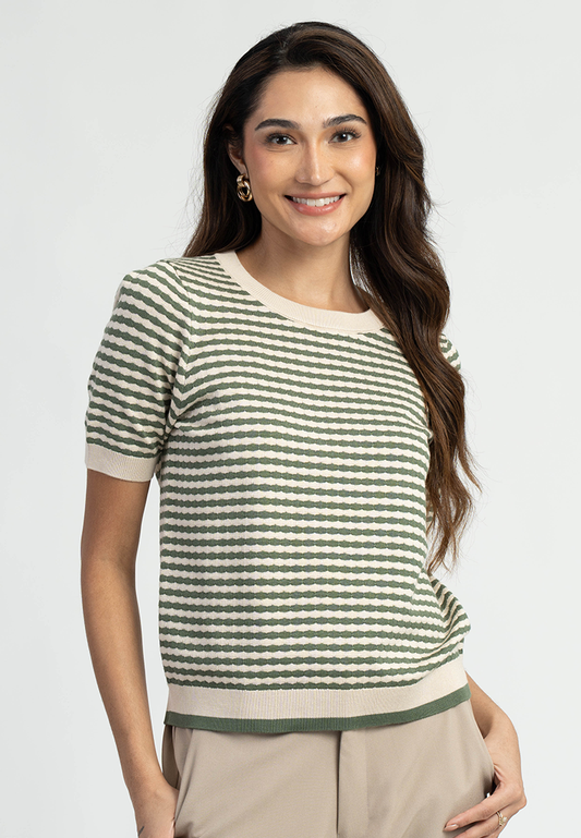 Zari Textured Stripe Knitted Short Sleeve Top