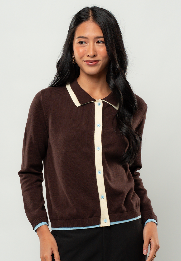 Maya Fitted Collared Cardigan with Contrast Placket