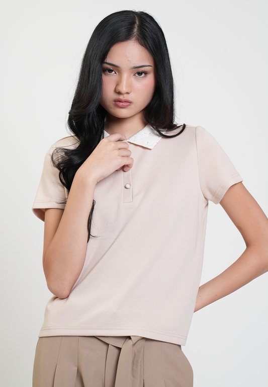 Mariella Contrast Tweed Collar Polo Top