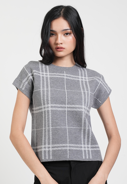 Leonora Round Neck Plaid Knit Boxy Top