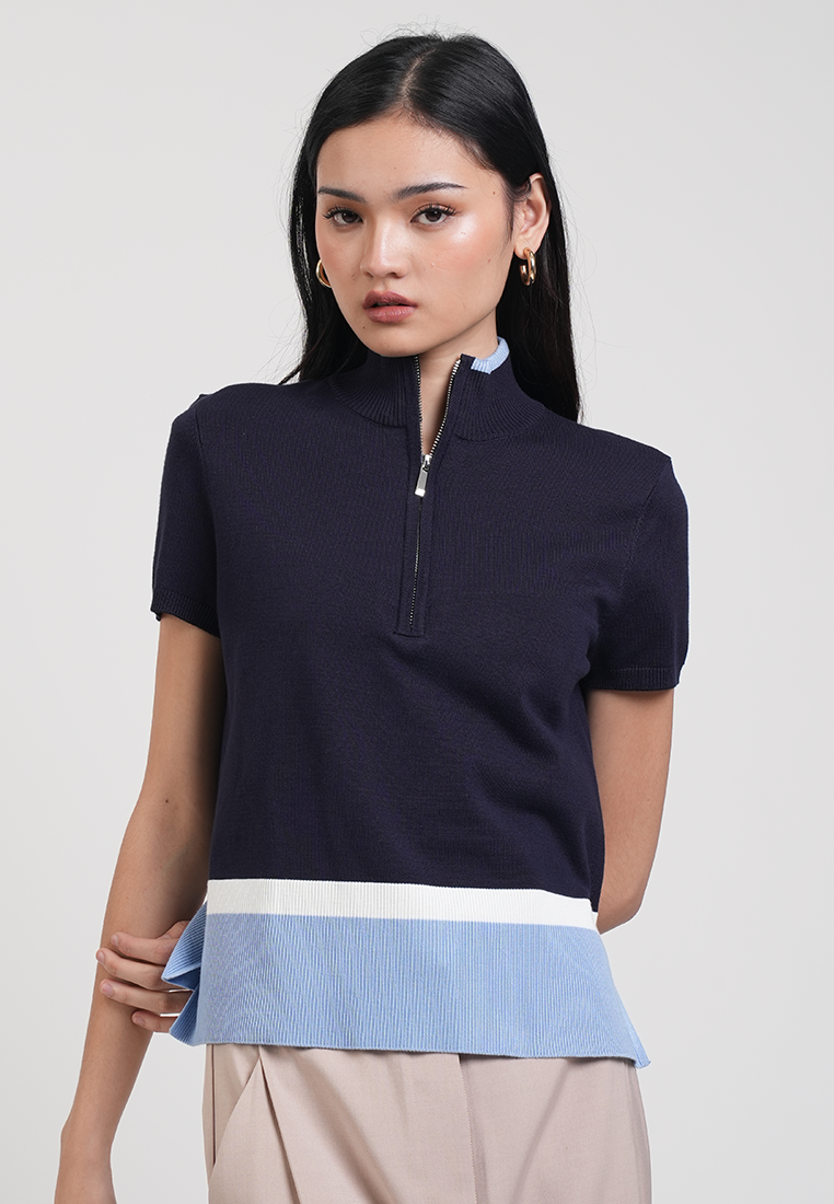 Catherine Colorblock Collared Zip Knit Top