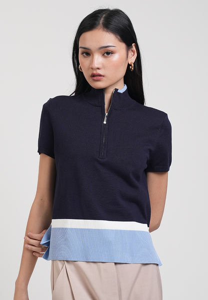 Catherine Colorblock Collared Zip Knit Top