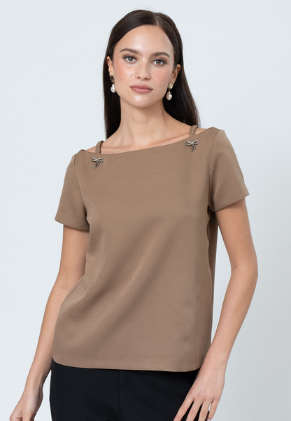 Fia Boat Neck Top with Decorative Ribbon Hardware and Braided Strap