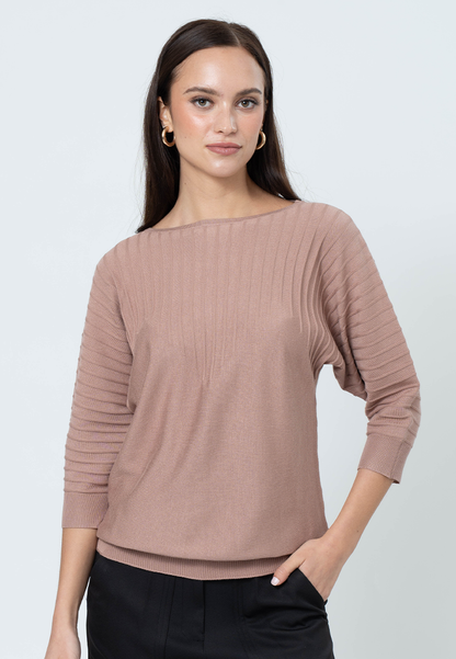Moriah Knit Top with 3/4 Sleeves and Ribbing Details