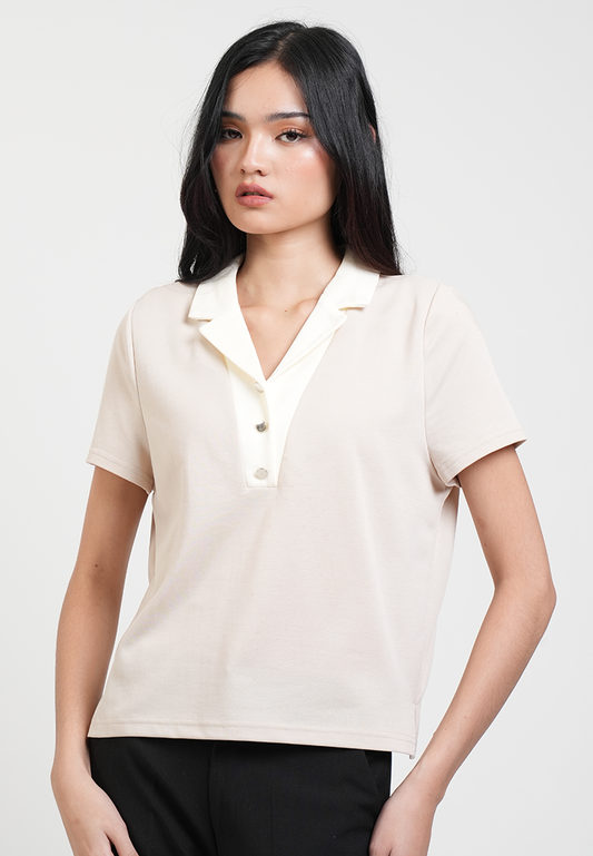 Vesper Button Placket Contrast-Collar Top