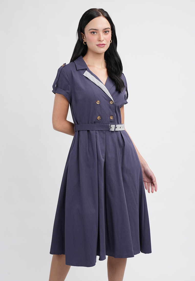 Maxine Button-Down Belted Midi A-Line Dress