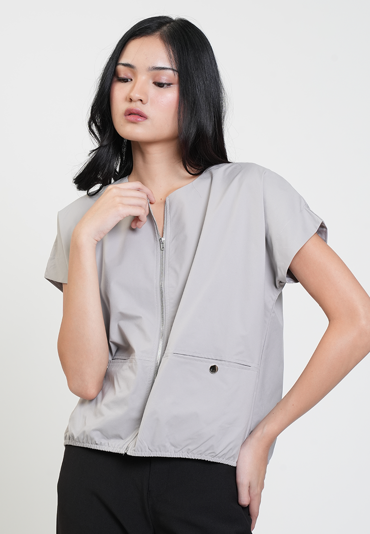 Aleah Cap Sleeve Zip-Up Pocket Detail Top