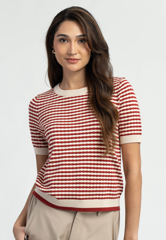 Zari Textured Stripe Knitted Short Sleeve Top