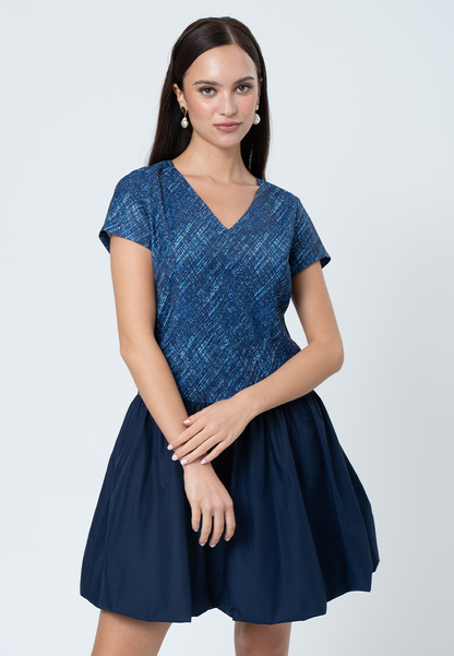 Tamsin Hatching Printed A-Line Dress with Contrast Plain Skirt