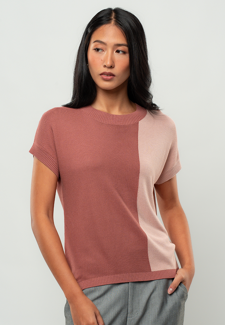 Jessa Colorblock Short-Sleeve Knit Crewneck Blouse