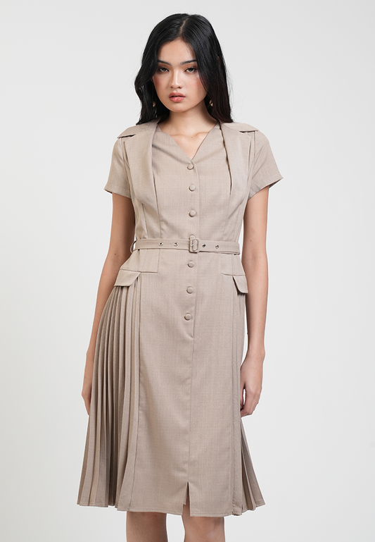 Claudette V-Neck Belted Pleated Hem Midi Dress