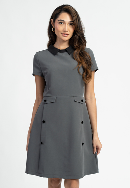 Ayla Short Sleeves Contrast Collar A-Line Midi Dress