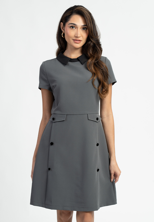 Ayla Short Sleeves Contrast Collar A-Line Midi Dress