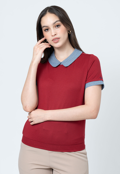 Kambria Knitted Top with Embroidered Collar and Contrast Sleeve Cuffs