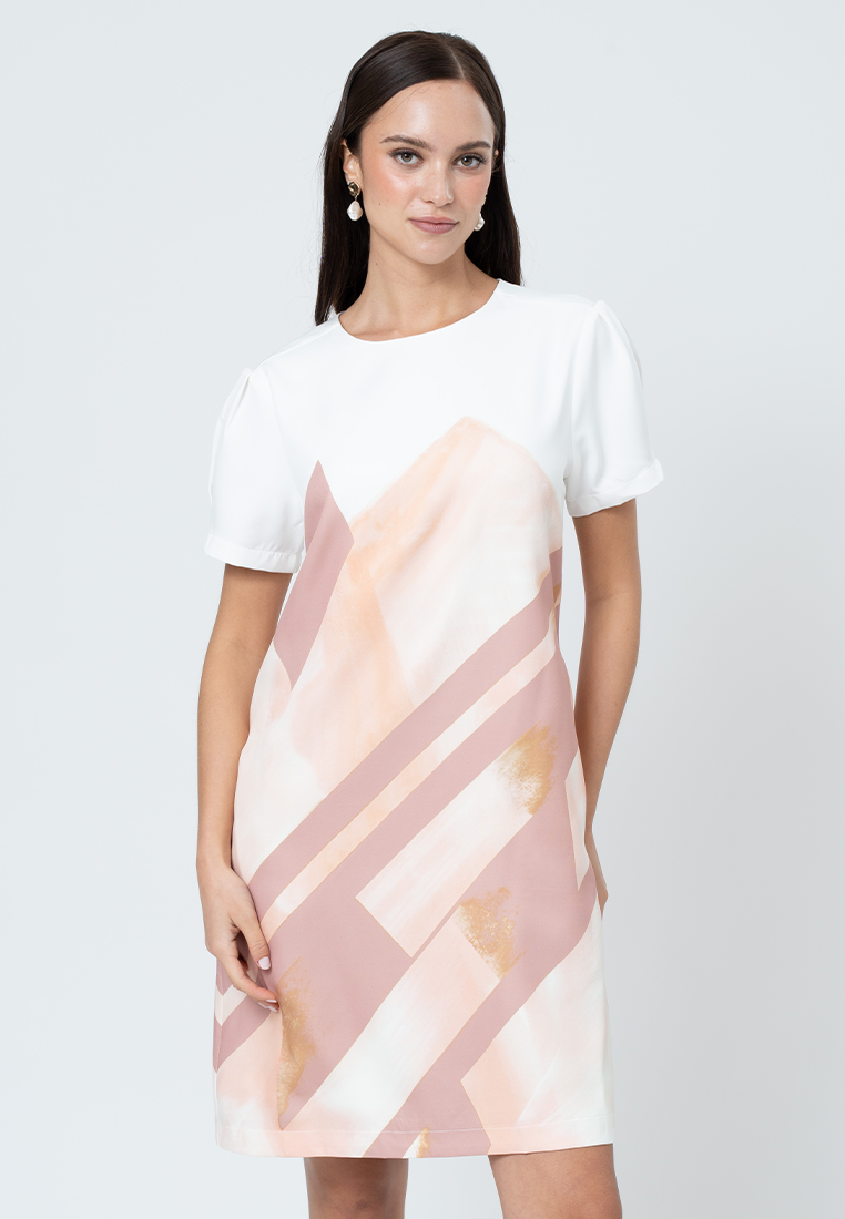 Verity Round Neck Geometric Printed Shift Dress with Semi-Gathered Short Sleeve