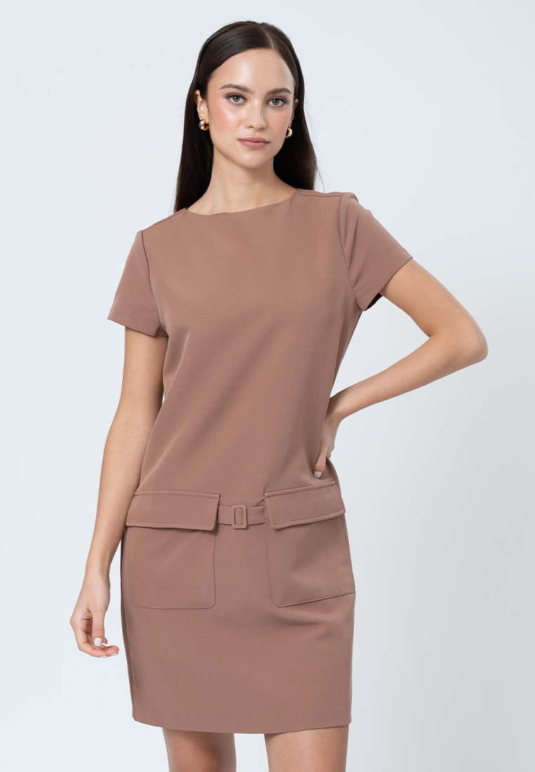 Cove Boat Neck Shift Dress with Pocket Detail and Attached Belt