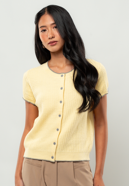 Elena Short-Sleeve Button-Front Knit Cardigan with Contrast Trim