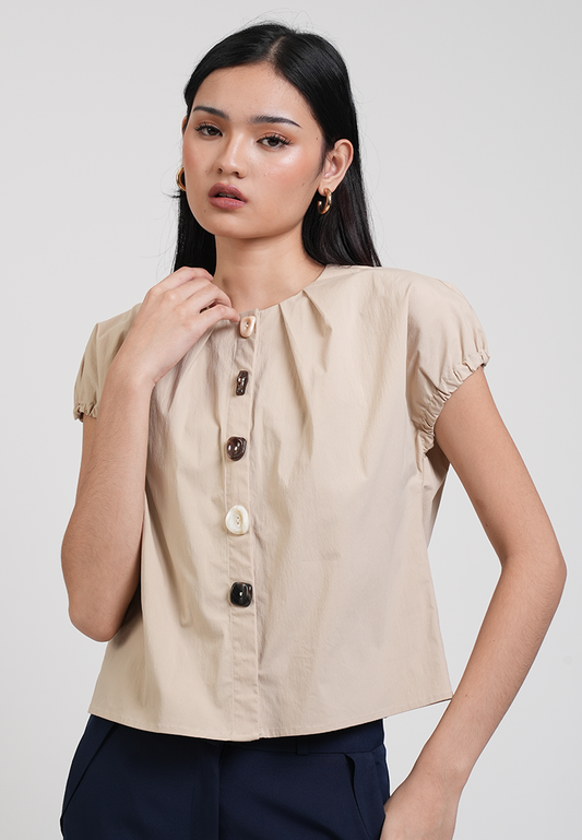 Nyra Pleated Neckline Multi-Tone Button Top