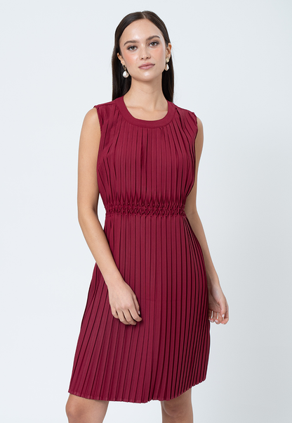 Isolde Pleated Sleeveless Shift Dress with Embroidery Waist Detail