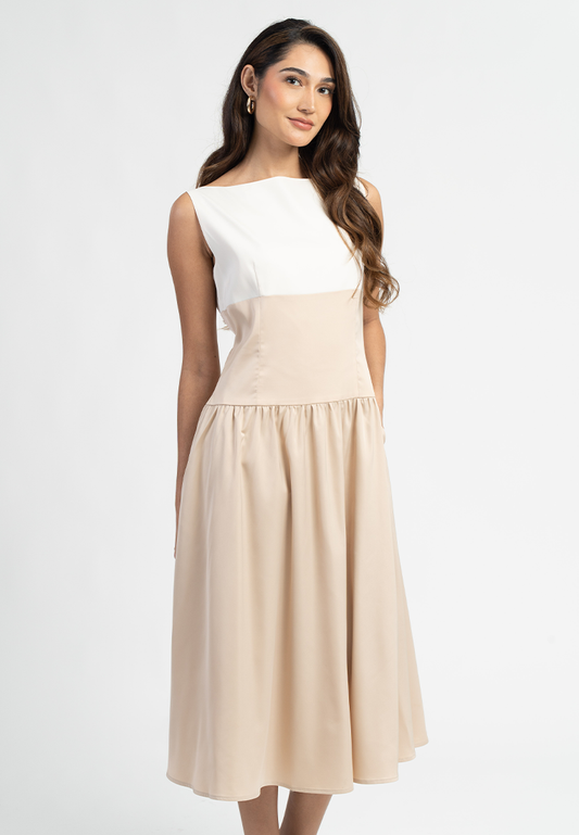 Amari Sleeveless Boat Neck Color Block Midi Dress