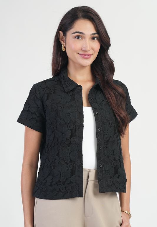 Celestia Pointed Collar Floral Lace Top
