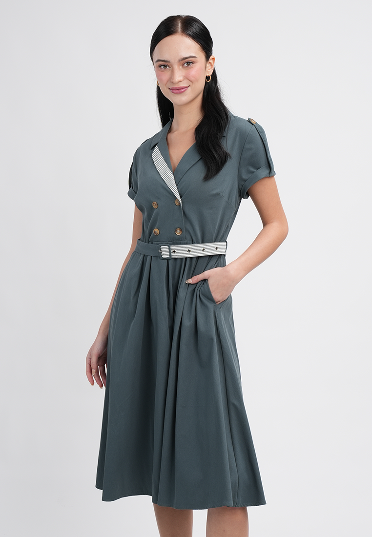 Maxine Button-Down Belted Midi A-Line Dress
