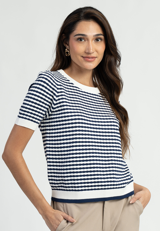 Zari Textured Stripe Knitted Short Sleeve Top