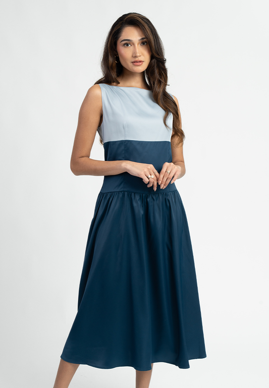 Amari Sleeveless Boat Neck Color Block Midi Dress