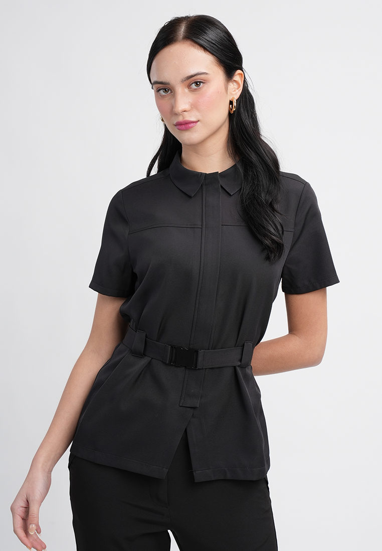 Sophia Belted Collared Top - Short Sleeve Button Blouse
