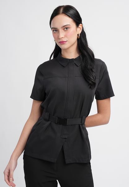 Sophia Belted Collared Top - Short Sleeve Button Blouse