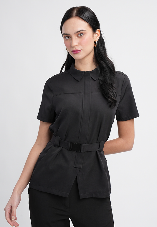 Sophia Belted Collared Top - Short Sleeve Button Blouse