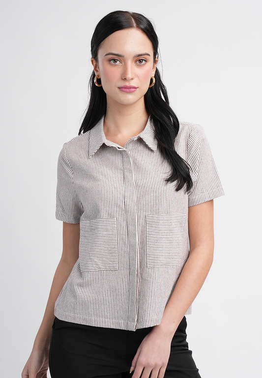 Emma Short Sleeve Striped Collared Button-Up Top Blouse