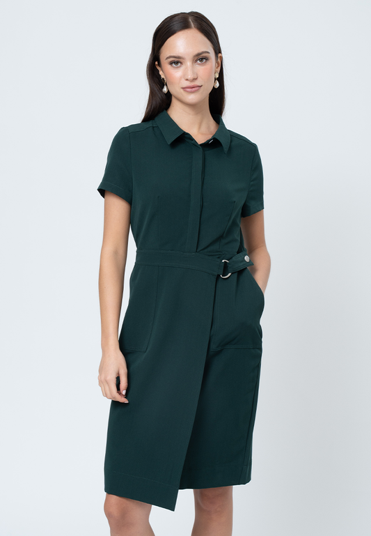 Maire Shift Dress with Structured Wrap Skirt Detail and D-Ring Accent