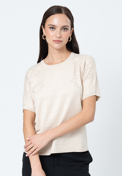 Nilou Knitted top with Embossed  Stripes and Pointelle Detail