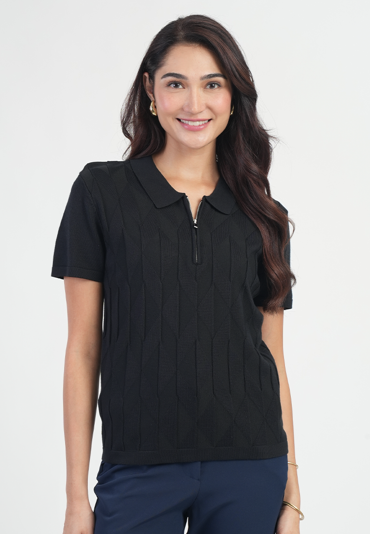 Maren Short Sleeves Polo Neck Diamond Knit Zip Top