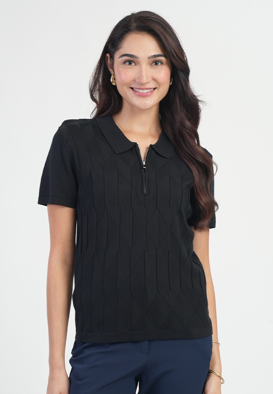 Maren Short Sleeves Polo Neck Diamond Knit Zip Top