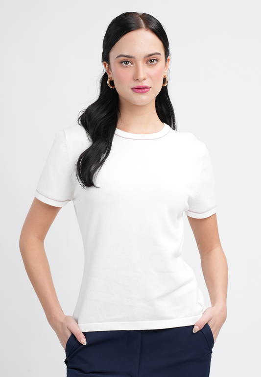 Gianna Classic Knit Top With Contrast Trim Crewneck