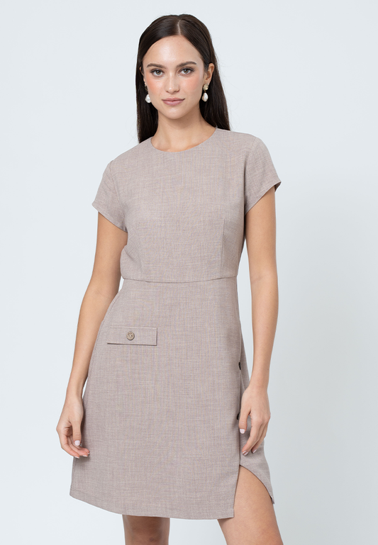 Havenly Tweed Shift Dress with Skirt Flap and Button Detial